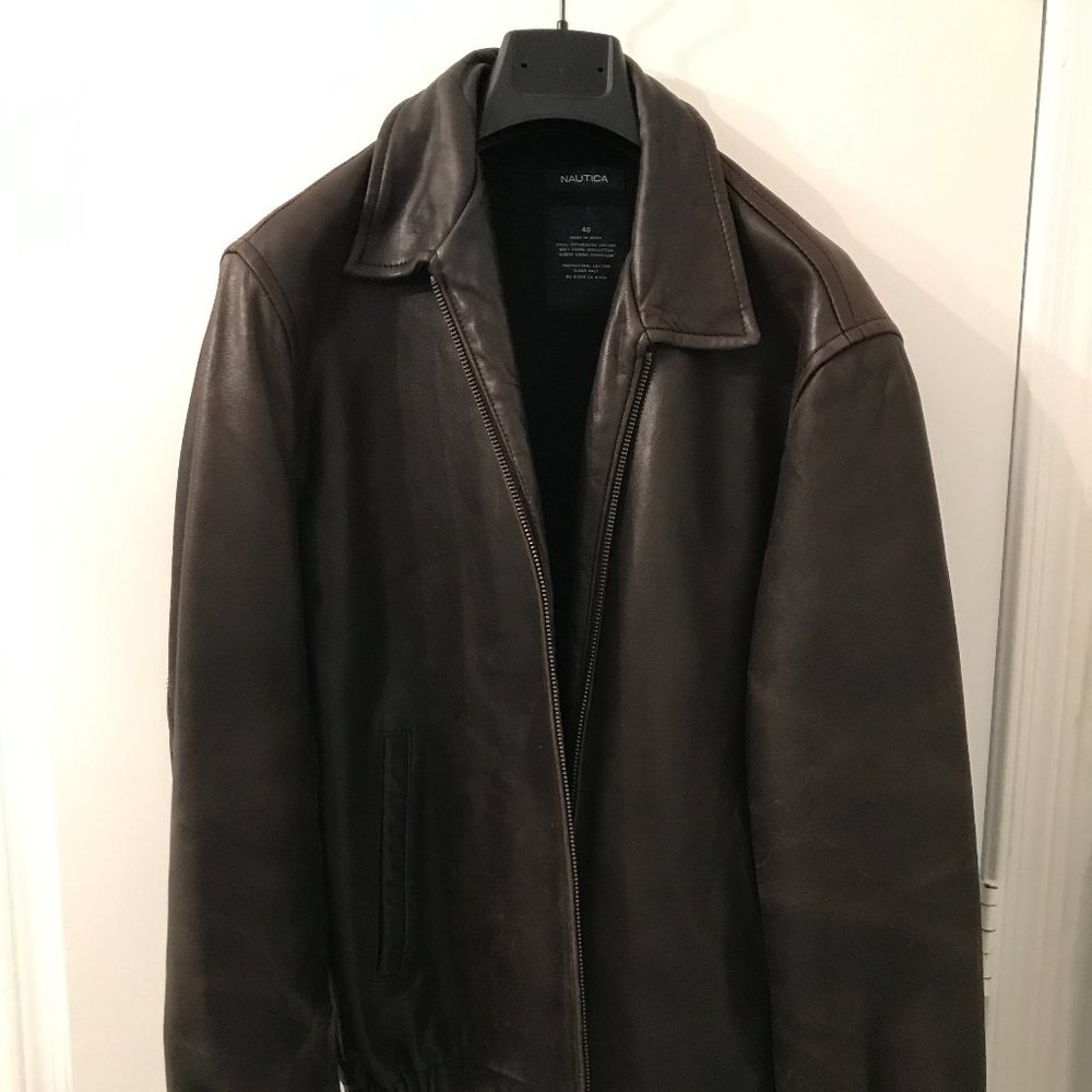 Nautica Leather Bomber Jacket Brown Size M